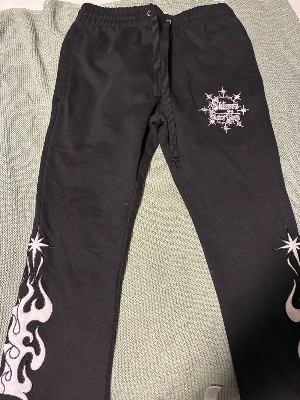 Kids Black Graphic Sweatpants with Flame Accent